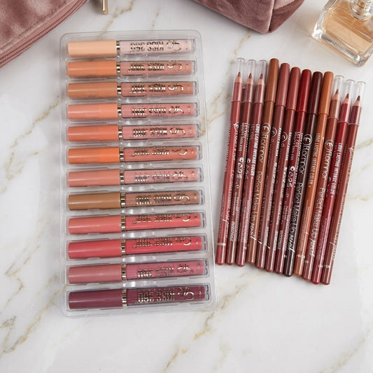 12 Pcs Lip Gloss + 12 Pcs Matte Lip Liner Set