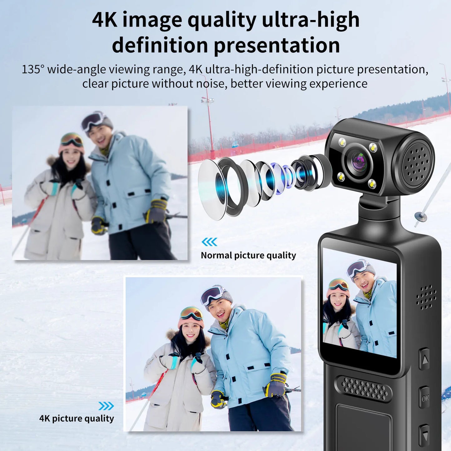 4K WiFi Handheld Camera with 180 Rotating Lens Body Worn Camcorder for Outdoor Sports