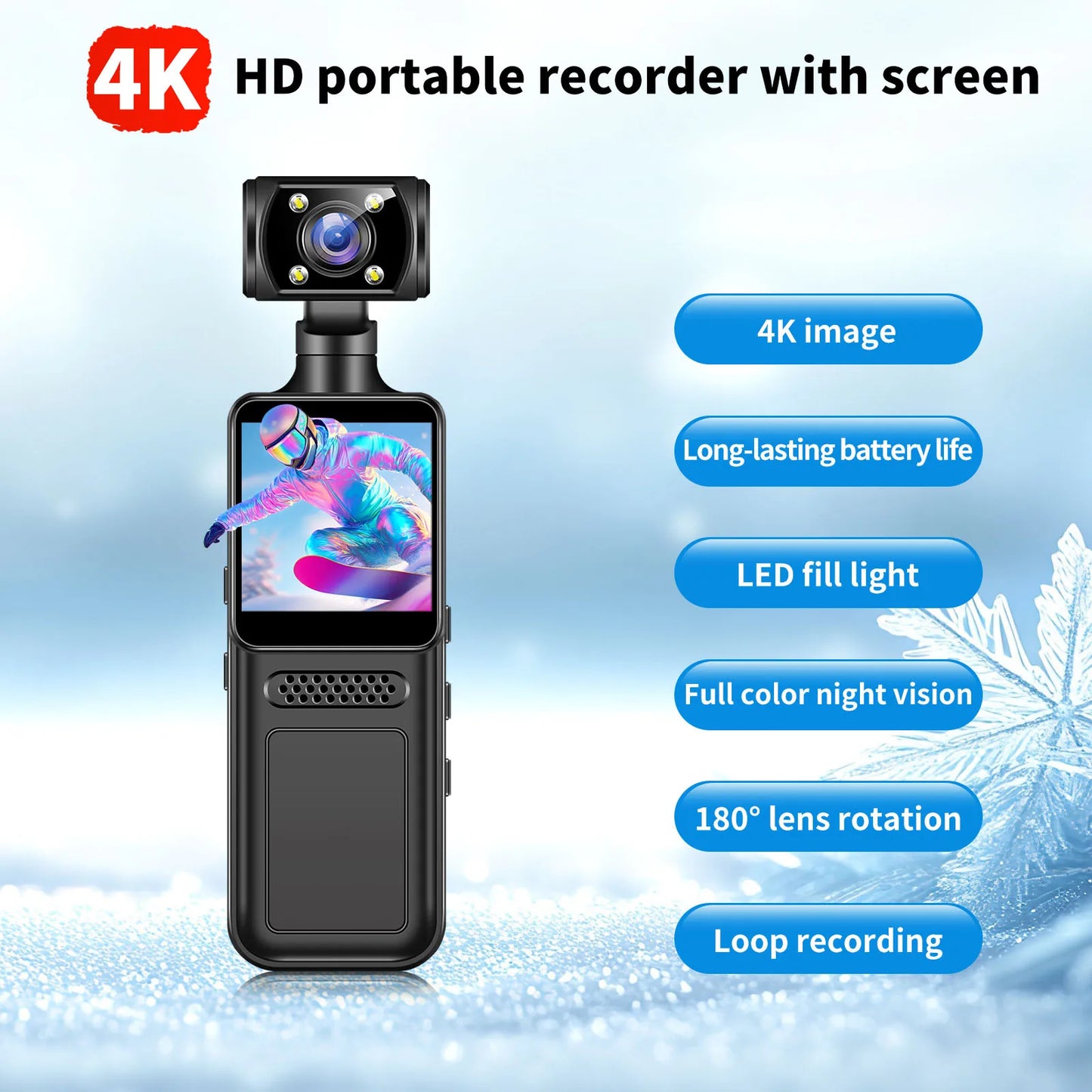 4K WiFi Handheld Camera with 180 Rotating Lens Body Worn Camcorder for Outdoor Sports