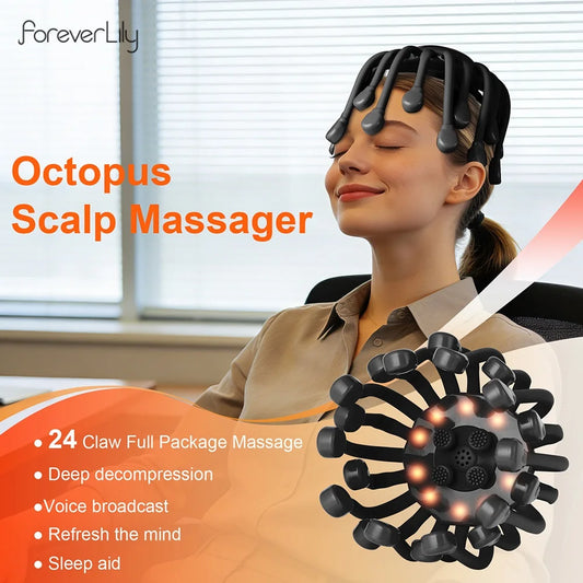 Electric Scalp Massager 24 Heads Octopus Claw Head Massager 24 Point Vibration Massage Scratcher Bluetooth Music Relaxation